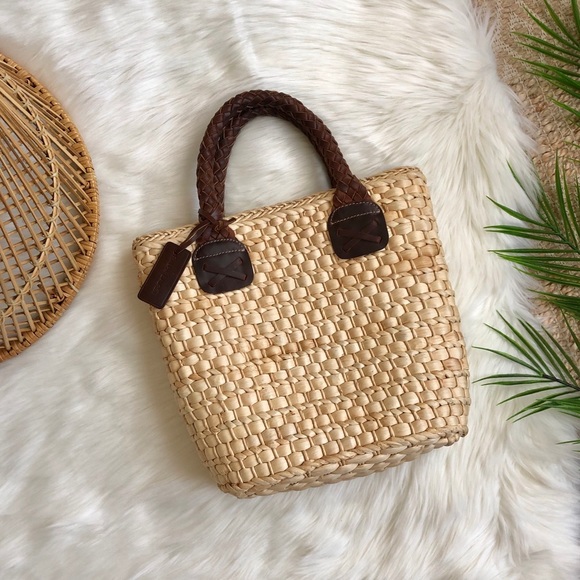 Ralph Lauren Handbags - Ralph Lauren Leather Woven Straw Basket Tote Bag